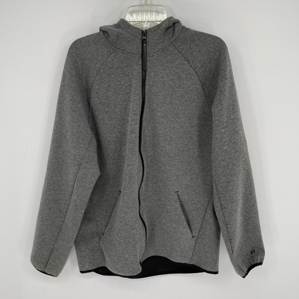 Russell Men's Grey Fusion Knit Stretch Full Zip Raglan Hoodie Sweatshirt Size M